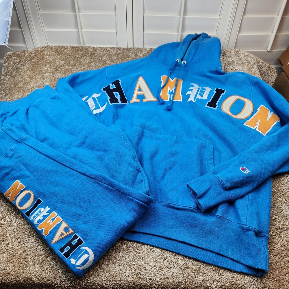 Champion Reverse Weave Blue Hoodie Sweatpants Set Mens Large Collegiate Graphic